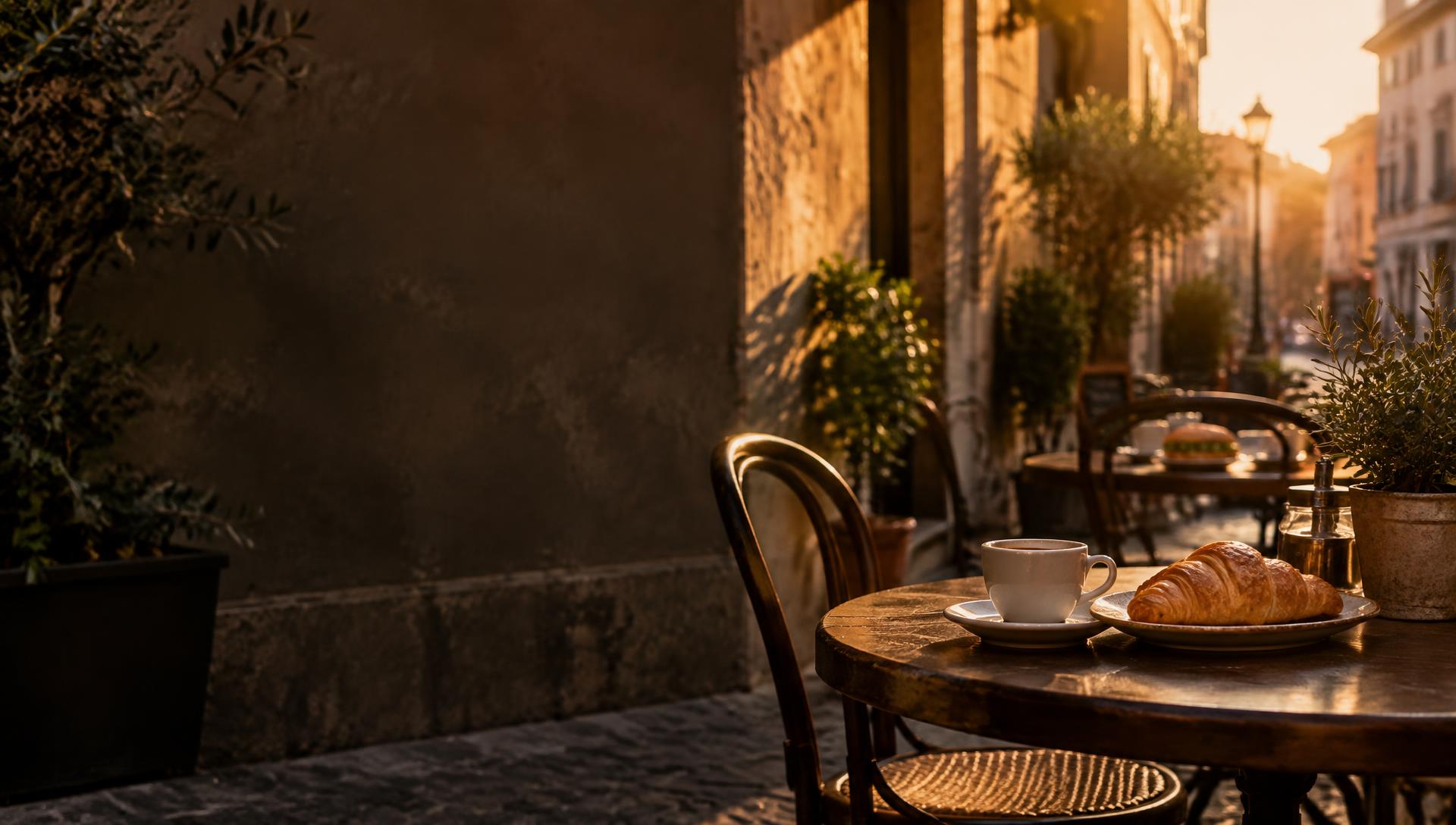 Warme italienische Café-Terrasse mit Espresso und Cornetto im Abendlicht